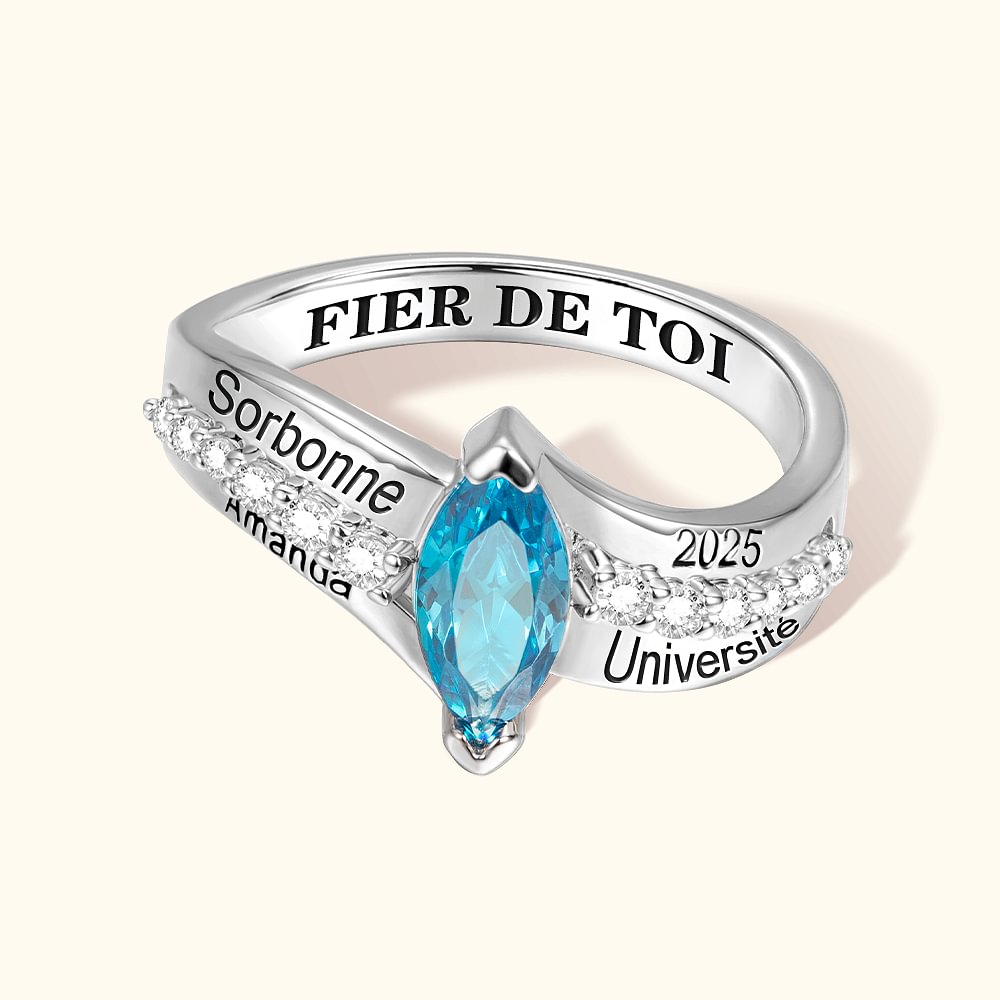 Bague Personnalisée avec Texte et Pierre de Naissance Classe de 2024 Bijoux Gravés Cadeau de Fin d'Études pour Femme
