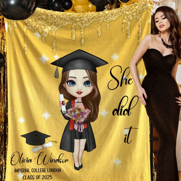 Personalisierte Multicolor Grad Hut Scroll Cartoon Graduation Charakter weiche Decke mit Namen Klasse von 2025 Geburtstag Graduierung Geschenk für Absolventen