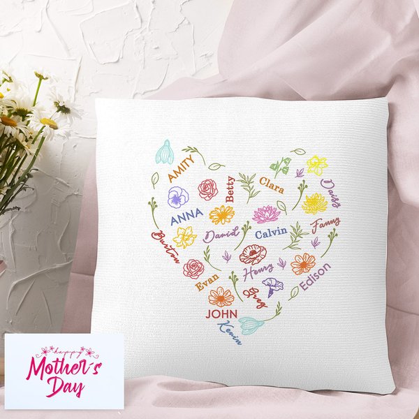 Personalised Word Cloud Birth Flower Heart Soft Throw Pillow Cover with 1-15 Names Mother's Day Birthday Housewarming Gift for Grandma Mom