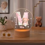 Gepersonaliseerd Schattig Teddybeer Bloem Voorletter Acryl LED Nachtlampje met Naam en Houten Basis Kinderdag Home Decor Verjaardagscadeau voor Jongens Meisjes