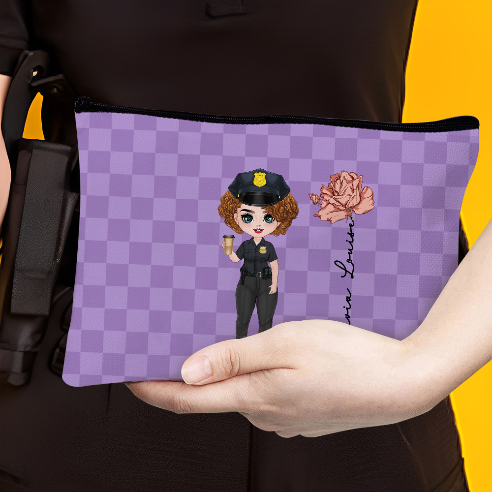 Sac de maquillage personnalisé pour femme policière avec nom et fleur de naissance Cadeau d'anniversaire pour femme policière