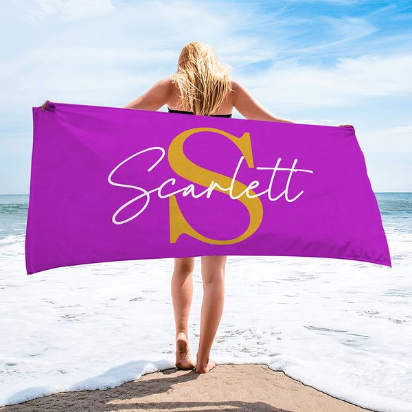 Personalized Multicolour Initial Quick Dry Oversized Beach Towel with Name Summer Travel Essential Birthday Gift for Family Kids