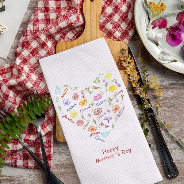 Personalized Heart Birth Flower Name Cloud Super Absorbent 100% Cotton Waffle Towel with 1-15 Names Birthday Mother's Day Gift for Mom Grandma Family