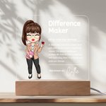 Personalizzato Difference Maker Personaggio dei cartoni animati Luce notturna a LED con nome e base in legno Regalo di compleanno per la festa degli insegnanti