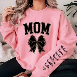 Personalized Multicolor Leopard Bow 1-16 Names Soft Crew Neck T-shirt Sweatshirt with Title Birthday Mother's Day Appreciation Gift for Mom Grandma