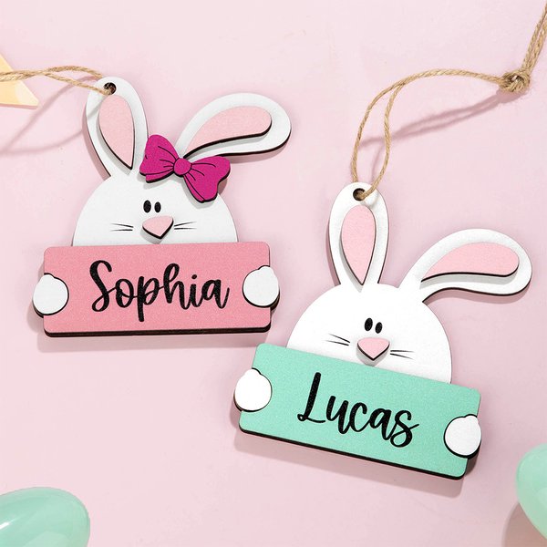 Personalised Cute Bow Bunny Wooden Easter Basket Tag with Name Holiday Decor Easter Birthday Party Favor Gift for Kids