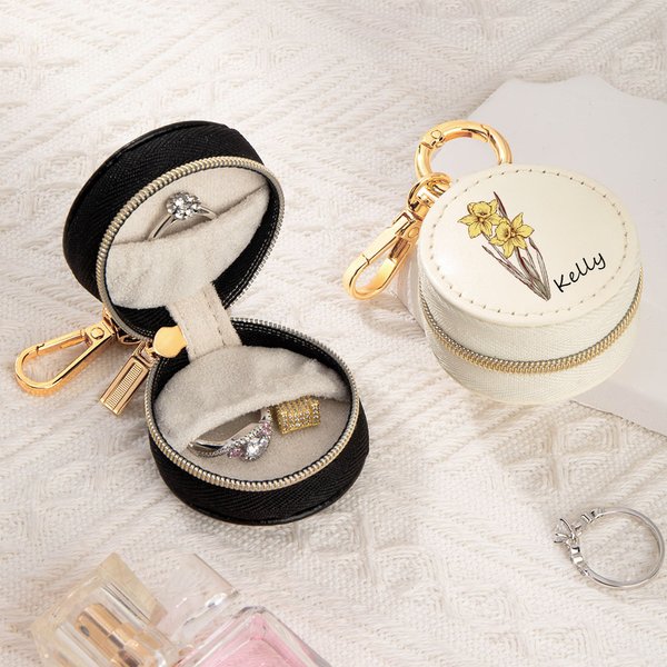 Personalizada portátil de nacimiento de la flor de cuero de la PU Anillo titular de la caja de joyería con el nombre de cumpleaños Día de la Madre de regalo para ella