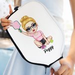 Personalized Cartoon Girl Zipper Pickleball Paddle Protective Cover with Name and Hanging Clip Sports Accessories Birthday Gift for Pickleball Lovers