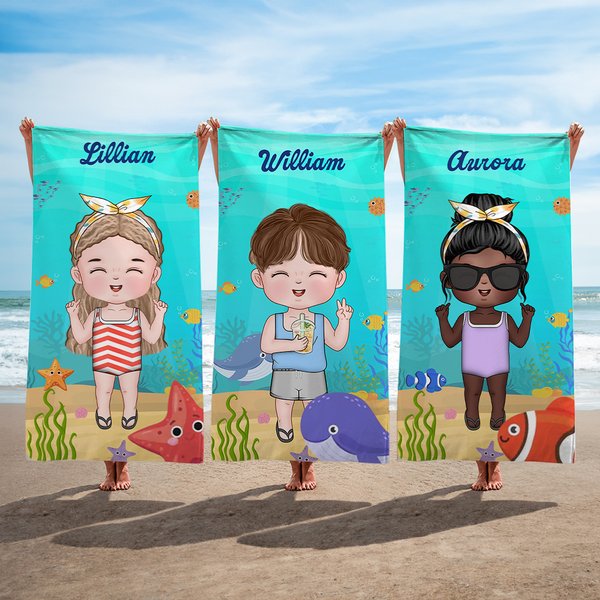Gepersonaliseerde Cartoon Kind Karakter Marine Thema Sneldrogende Strandhanddoek met Naam Zomer Vakantie Verjaardag Cadeau voor Jongens Meisjes