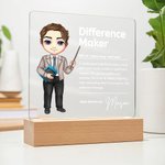 Personalizzato Difference Maker Personaggio dei cartoni animati Luce notturna a LED con nome e base in legno Regalo di compleanno per la festa degli insegnanti