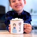 Personalized Cartoon Mini Boss Character Birth Flower 12 oz Enamel Mug with Name Back to School Birthday Gift for Boys Girls