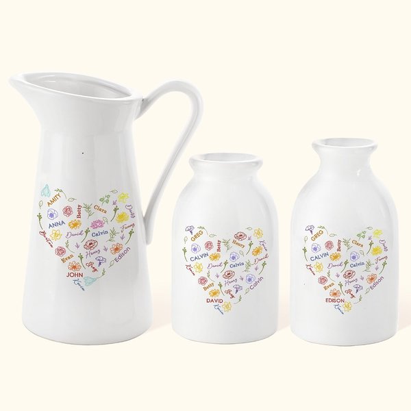 Personalized Colorful Heart Birth Flower Word Cloud Ceramic Flower Vase with 1-15 Names Birthday Mother's Day Gift for Mom Grandma Family