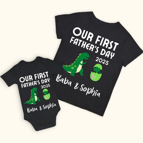 Personalised Green Dinosaur Father and Baby Cute Set Matching Set Shirt Father New Dad Gift Our First Father's Day