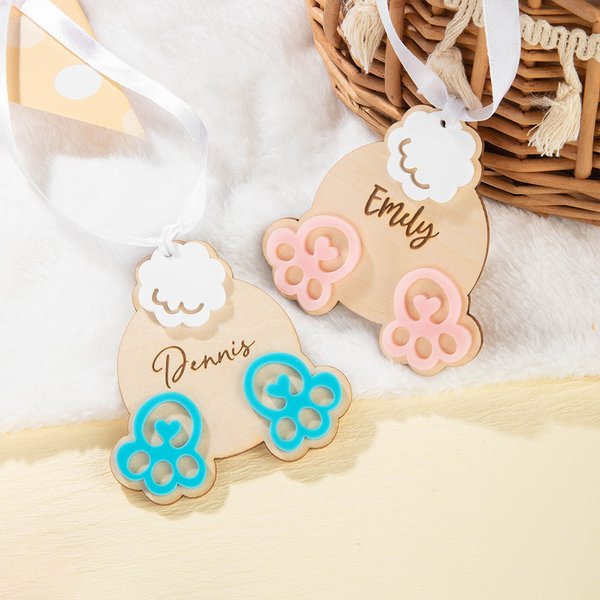 Personalised Cute Bunny Butt Tail Feet Wooden Tag with Engraved Name and White Ribbon Easter Basket Decor Party Gift for Kids