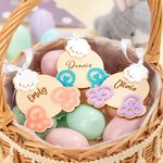 Etiquette en bois personnalisée avec nom gravé et ruban blanc pour panier de Pâques Cadeau de fête pour enfants