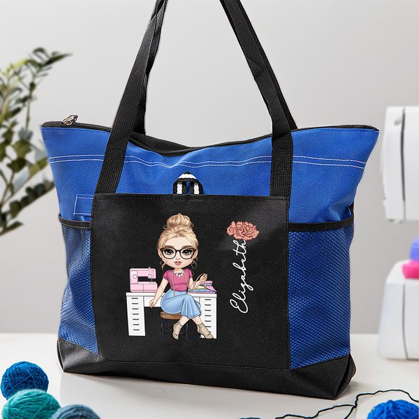 Personalized Birth Flower Cartoon Crafter Character Oxford Tote Bag with Name and Mesh Pockets Birthday Anniversary Gift for Mothers Sewing Lovers