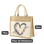 Sac Cabas Toile de Jute Réutilisable Personnalisé avec 1-6 Noms Fleurs de Naissance et Titre Cadeau Anniversaire pour Grand-Mère Maman