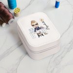 Personalized Birth Flower Cartoon Girl Leather Jewelry Box with LED Three-Color Makeup Mirror Travel Essential Birthday Gift for Women Sewing Lovers