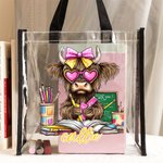 Personlig Coquette Bow Highland Cow Vattentät Clear Tote Bag med namn Barnens dag Tillbaka till skolan Födelsedagspresent för lärare Student