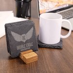 Personalized Set of 4 Engraved Logo Photo Slate Coaster with Bamboo Coaster Holder Office Decor Promotion Gift for Corporate Business Partner