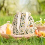 Personalized Embroidered Daisy Drawstring Lunch Bag with Engraved Name and Pockets Birthday Back to School Picnic Gift for Women Kids