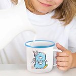 Personalizado lindo conejito floral inicial 11 oz borde de color taza de esmalte con nombre Pascua reunión familiar fiesta regalo para los niños