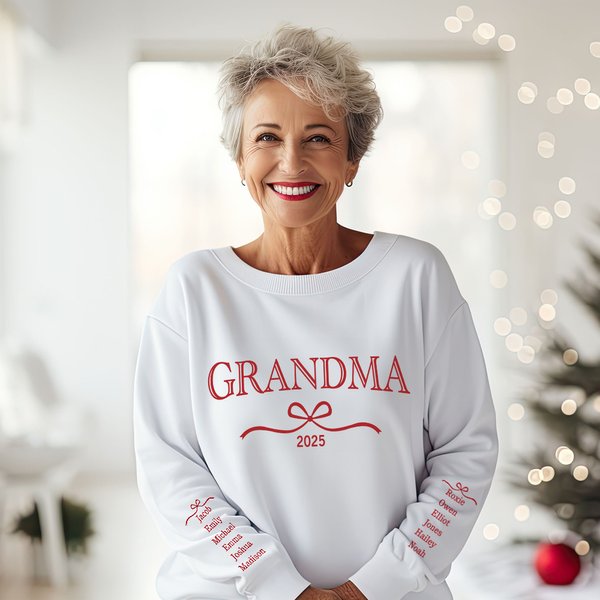 Personalized Multicolor Bow Grandma Soft Sweatshirt Hoodie with 1-12 Grandkids' Names Mother's Day Birthday Gift for Grandma Mom