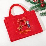 Personalisierte Cartoon-Figur Rote Jute Tasche mit Stechpalme-Schleife-Initiale und Namen Wiederverwendbare Tote Bag Weihnachten Geschenk für Familie