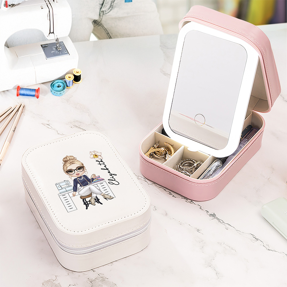 Boîte à bijoux en cuir pour fille avec LED miroir de maquillage trois couleurs Cadeau d'anniversaire pour les femmes qui aiment la couture