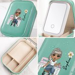 Personalized Birth Flower Cartoon Girl Leather Jewelry Box with LED Three-Color Makeup Mirror Travel Essential Birthday Gift for Women Sewing Lovers
