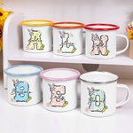 Personalizado lindo conejito floral inicial 11 oz borde de color taza de esmalte con nombre Pascua reunión familiar fiesta regalo para los niños