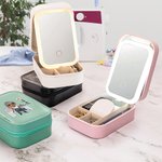 Personalized Birth Flower Cartoon Girl Leather Jewelry Box with LED Three-Color Makeup Mirror Travel Essential Birthday Gift for Women Sewing Lovers