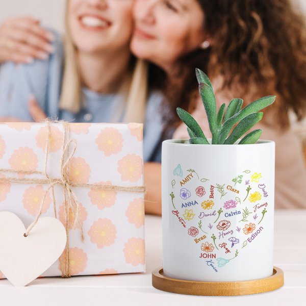 Personalized Colorful Heart Birth Flower Name Cloud Ceramic Planter Pot with Drainage and Bamboo Base Birthday Mother's Day Gift for Mom Grandma