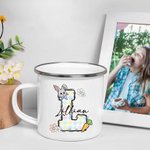 Personalizado lindo conejito floral inicial 11 oz borde de color taza de esmalte con nombre Pascua reunión familiar fiesta regalo para los niños