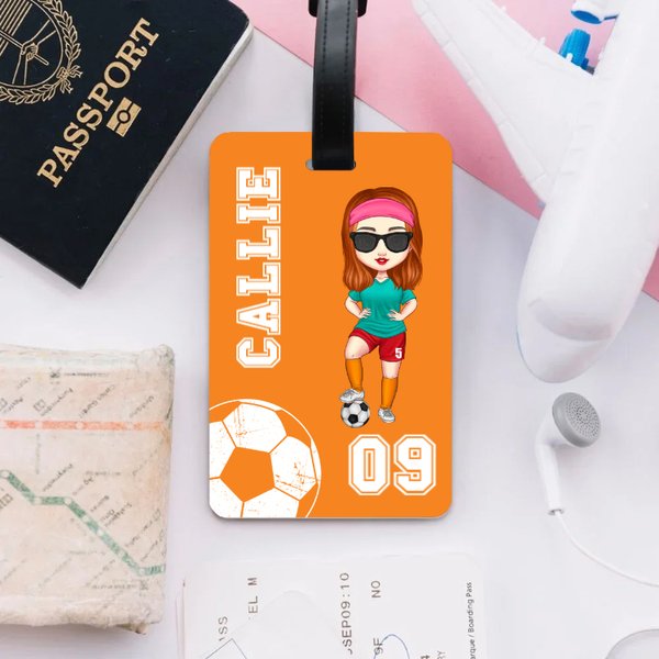 Gepersonaliseerde Multicolor Voetbal Cartoon Karakter Bagagelabel met Naam en Nummer Travel Essentials Verjaardagscadeau voor sportliefhebbers