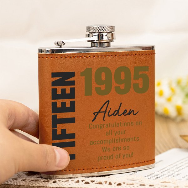 Personalized Blessing Message Portable 6 oz Leather Cover Hip Flask with Name and Age Birthday Wedding Gift for Men Liquor Lovers