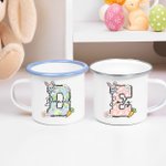 Personalizado lindo conejito floral inicial 11 oz borde de color taza de esmalte con nombre Pascua reunión familiar fiesta regalo para los niños