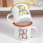 Personalizado lindo conejito floral inicial 11 oz borde de color taza de esmalte con nombre Pascua reunión familiar fiesta regalo para los niños