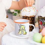 Personalizado lindo conejito floral inicial 11 oz borde de color taza de esmalte con nombre Pascua reunión familiar fiesta regalo para los niños