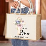 Personalised He Is Risen Bible Verse Cross Birth Flower Large Reusable Tote Bag with Text Easter Church  Religious Gift for Women Christian