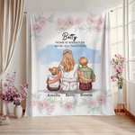 Personalized Watercolor Carnation Mother and 1-3 Children Cartoon Character Soft Blanket with Names Home Decor Mother's Day Birthday Gift for Mom