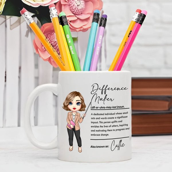 Personalized Difference Maker Cartoon Teaching Character 11 oz 15 oz Ceramic Mug with Name Teacher's Day Back to School Appreciation Gift for Teachers