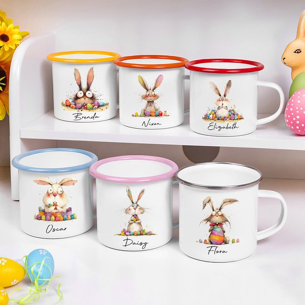 Personalized Quirky Bunny 12oz Enamel Mug with Name Easter Party Favor Gift for Kids