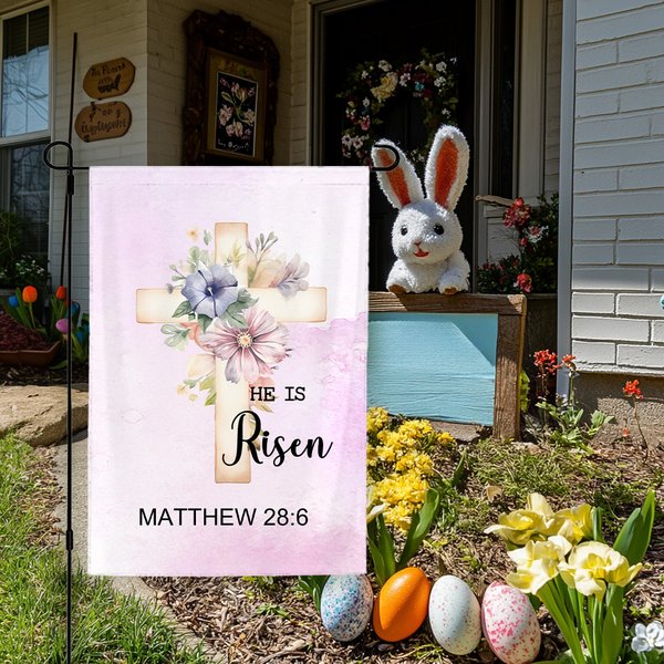 Personalisierte Er ist auferstanden Aquarell Kreuz 1-5 Geburt Blumen Gartenfahne mit Text Yard Porch Decor Ostern Urlaub religiöses Geschenk für Familie Christian