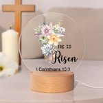 Personalized He Is Risen Cross 1-5 Birth Flowers LED Night Light with Text and Wooden Base Home Decor Easter Gift for Grandma Mom Kids