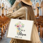 Personalised He Is Risen Bible Verse Cross Birth Flower Large Reusable Tote Bag with Text Easter Church  Religious Gift for Women Christian