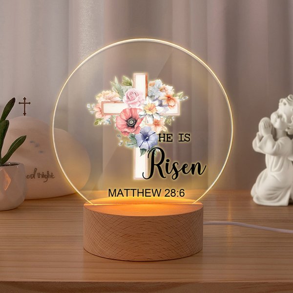 Personalized He Is Risen Cross 1-5 Birth Flowers LED Night Light with Text and Wooden Base Home Decor Easter Gift for Grandma Mom Kids