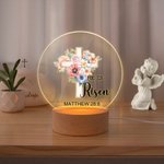 Personalized He Is Risen Cross 1-5 Birth Flowers LED Night Light with Text and Wooden Base Home Decor Easter Gift for Grandma Mom Kids