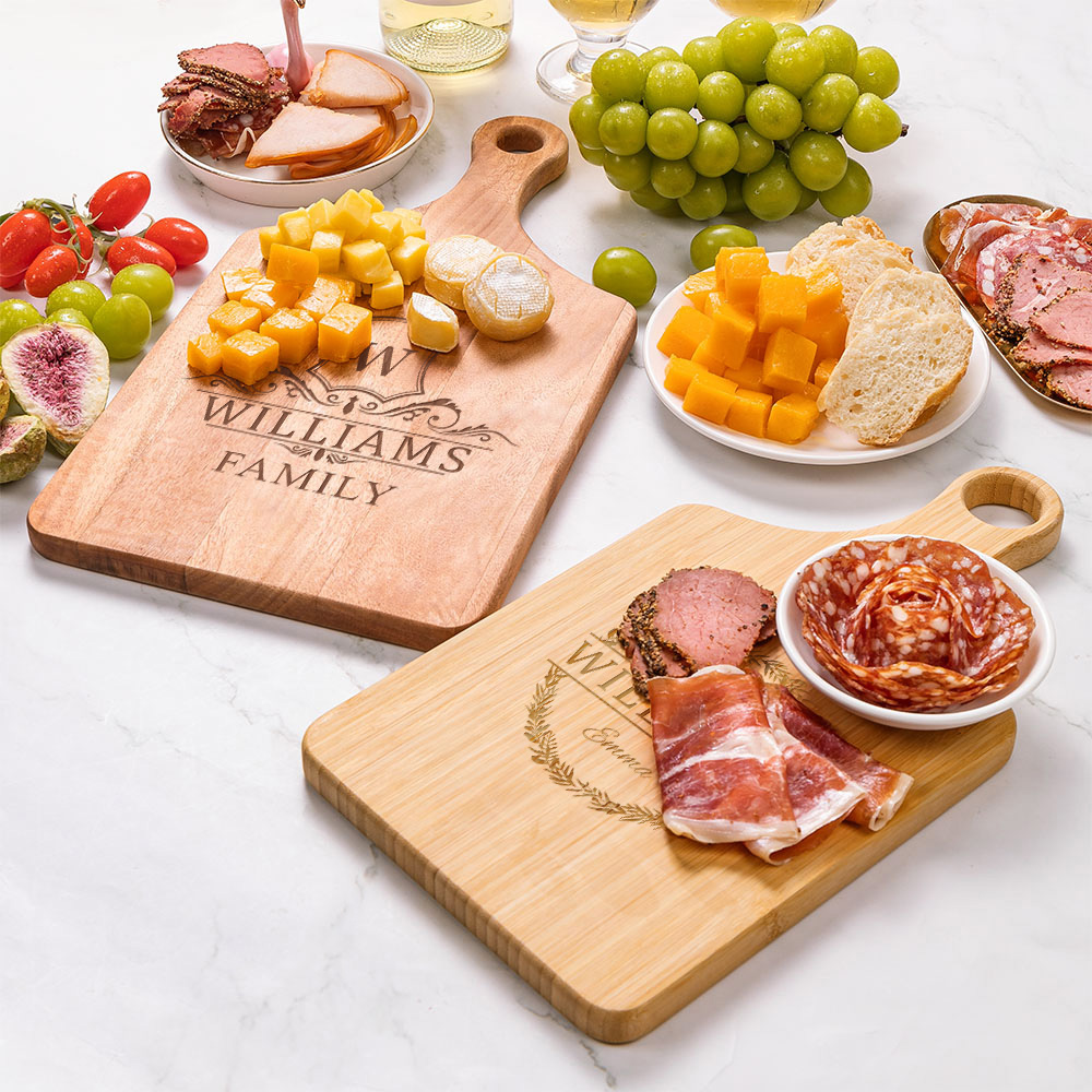 Personalized Engraved Monogram Name Initial Wood Charcuterie Cutting Board with Handle Made in USA Home Decor Housewarming Gift for Family