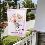 Personalized He is Risen Watercolor Cross 1-5 Birth Flowers Garden Flag with Text Yard Porch Decor Easter Holiday Religious Gift for Family Christian